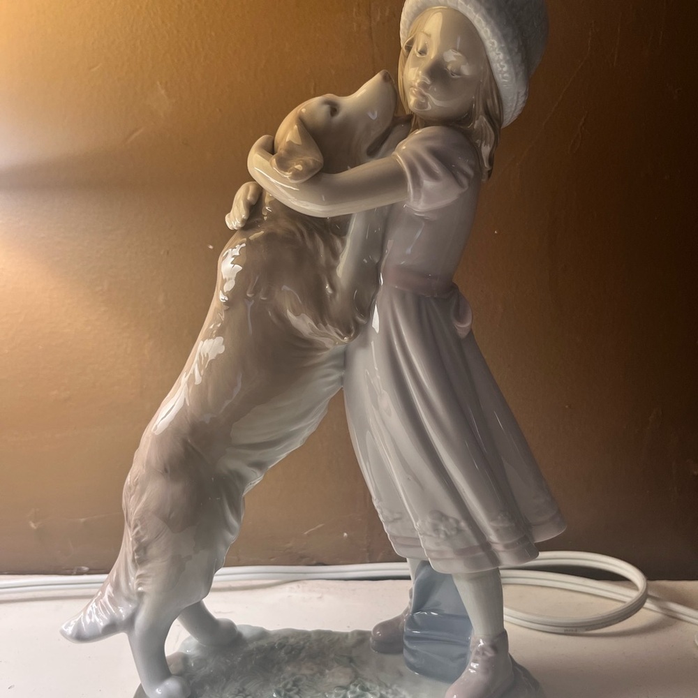 Rare Lladro Figurine Porcelain Girl Hugging Dog Golden - Gloss White